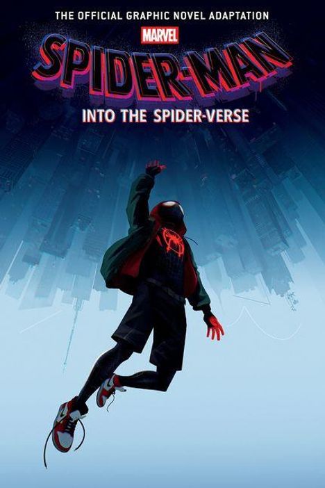 "SPIDER-MAN: INTO THE SPIDER-VERSE" Grafik mit schwebender Figur in rotem Spider-Man Kostüm und Kapuze vor Skyline.