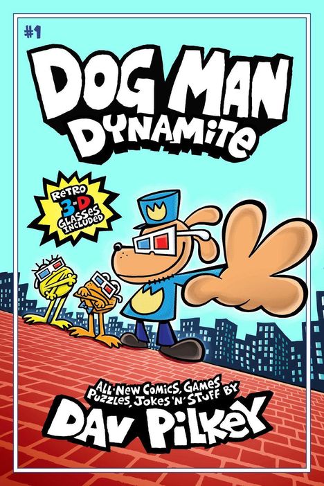 "#1 DOG MAN DYNAMITE, RETRO 3-D GLASSES INCLUDED. All-New Comics, Games, Puzzles, Jokes. Illustration: Hund mit 3D-Brille."