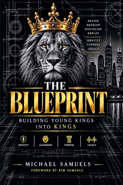 "The Blueprint", ein Löwe mit Krone auf Blaupause; Skyline im Hintergrund, Themen: Identität, Führung, Zweck, Vermächtnis.