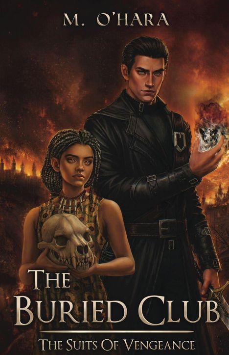 „M. O'Hara“, „The Buried Club: The Suits Of Vengeance“. Zwei Personen, der Mann hält glühenden Schädel, Frau mit Knochen.