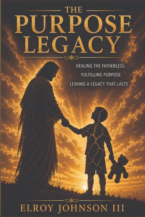 "THE PURPOSE LEGACY" in großen Buchstaben. Ein Erwachsener hält die Hand eines Kindes im Sonnenuntergang; das Kind trägt eine Puppe.