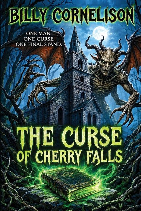 "THE CURSE OF CHERRY FALLS" in grüner Schrift, über einem unheimlichen gruseligen Dämon mit Flügeln und einer dunklen Kirche.