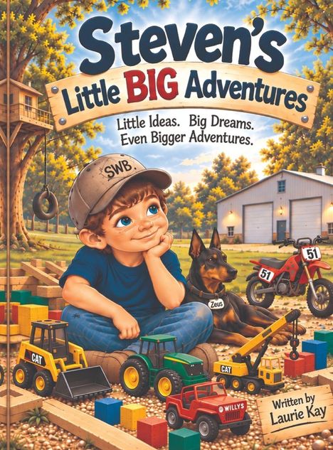 „Steven's Little BIG Adventures“ oben. „Little Ideas. Big Dreams. Even Bigger Adventures.“ Ein Junge, Hund und Spielzeug im Freien.