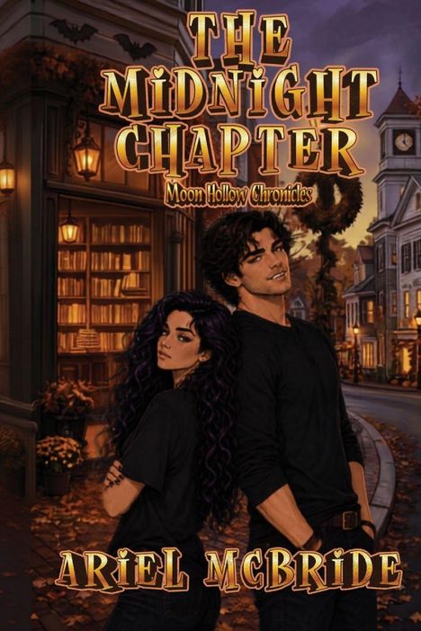 Text: „THE MIDNIGHT CHAPTER, Moon Hollow Chronicles, ARIEL MCBRIDE.“ 

Illustration: Zwei Personen in herbstlicher Straße.