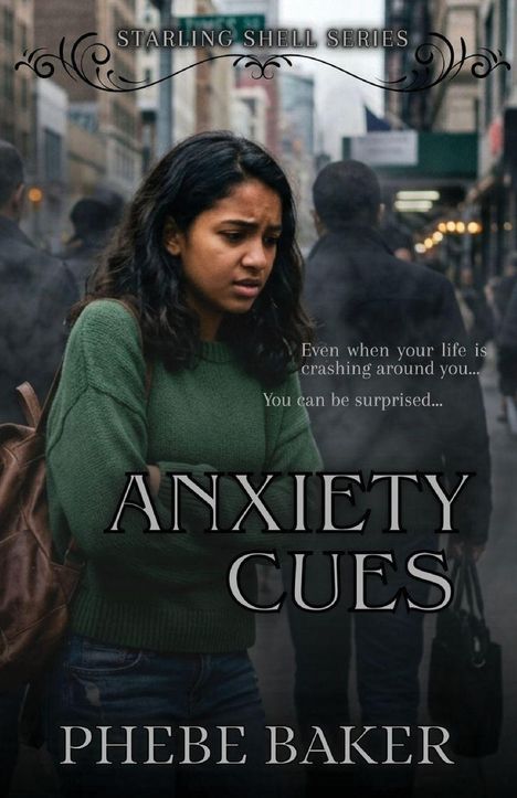 "Starling Shell Series. Even when your life is crashing around you... You can be surprised... Anxiety Cues. Phebe Baker." Eine Frau in einem grünen Pullover wirkt nachdenklich auf einer belebten Straße.
