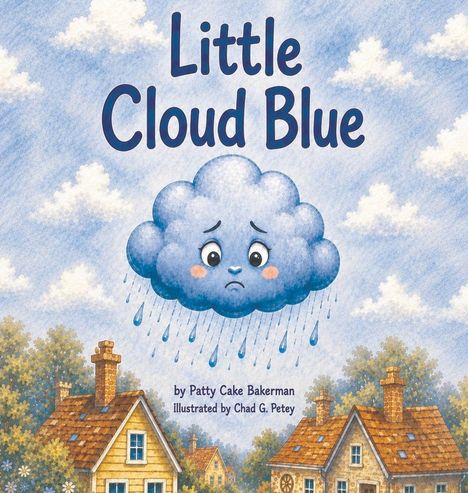 „Little Cloud Blue“ steht oben. Eine traurige, regnende Wolke schwebt über niedlichen Häuschen in einer malerischen Landschaft.