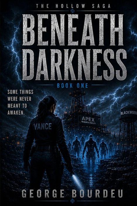 "Beneath Darkness", "Book One", "Vance", "Apex Research Facility", "Blackwood", "George Bourdeu". Eine Person mit Taschenlampe vor düsterem Hintergrund.