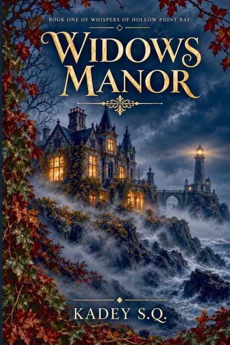 Text: "Widows Manor", "Whispers of Hollow Point Bay", "Book One", "Author's Deluxe Edition", "Kadey S.Q." Abendliche Küstenszene mit Leuchtturm und Villen.