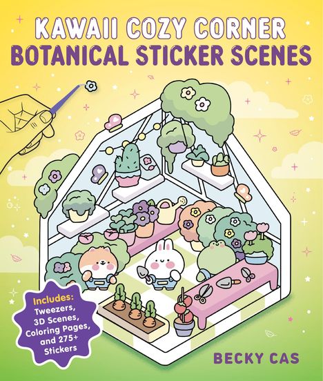„Kawaii Cozy Corner Botanical Sticker Scenes“. Eine niedliche Illustration eines kleinen Gewächshauses mit Pflanzen und Figuren.