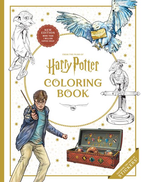 „From the Films of Harry Potter: Coloring Book“. Illustration: Junge mit Zauberstab, Eule, Elf, Schmuckkiste mit Wappen.