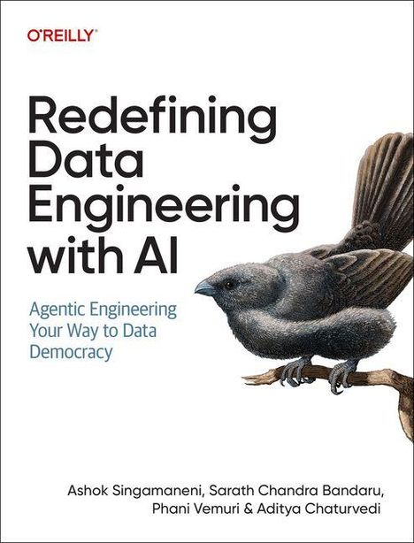 "Redefining Data Engineering with AI: Agentic Engineering Your Way to Data Democracy." Vogel-Illustration auf einem Ast.