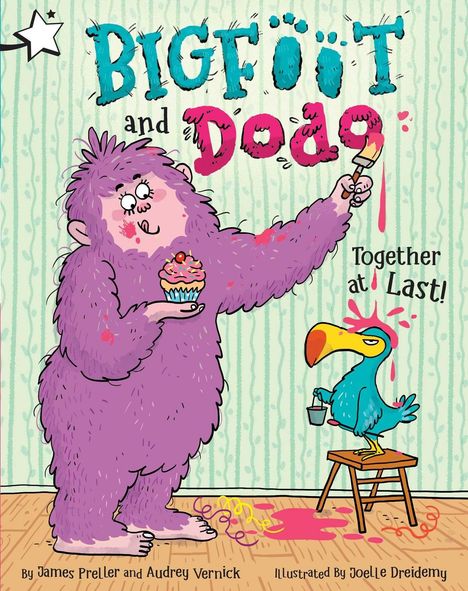 Der Text auf dem Bild lautet: "BIGFOOT and Dodo, Together at Last!" Ein lila Bigfoot bemalt einen blauen Vogel, der missmutig aussieht.