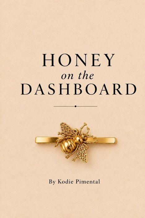 "HONEY on the DASHBOARD" und "By Kodie Pimental". Goldener Bienen-Anstecker auf beigem Hintergrund.