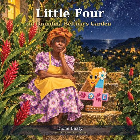 "Little Four in Grandma Beltina's Garden" zeigt eine ältere Frau in bunter Kleidung, umgeben von Pflanzen und einem fröhlichen, großen Zahlen-Symbol mit Gesicht.