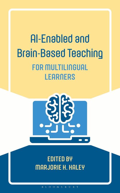 AI-Enabled and Brain-Based Teaching, blaues Gehirn-Logo auf Laptop-Symbol, Titel von Marjorie H. Haley.