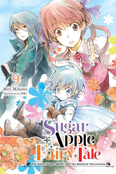 "9 Miri Mikawa, Illustration by Aki. Sugar Apple Fairy Tale. Drei gezeichnete Figuren: ein Junge, ein Mädchen und ein Mann."