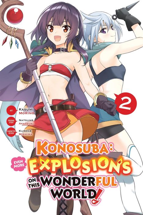 „Konosuba: Explosions on This Wonderful World!“. Zwei Anime-Figuren, eine mit Zauberstab und eine mit Dolch.