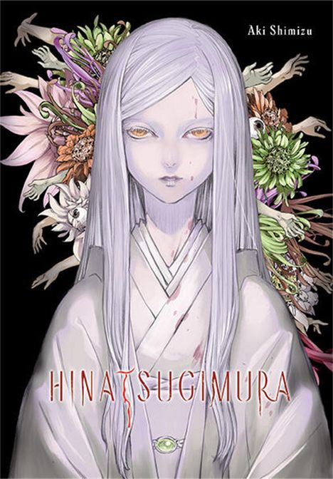 "HINATSUGIMURA" steht in stilisiertem Text. Illustration: Blasses, androgynes Wesen mit langen, weißen Haaren, umgeben von Blumen.