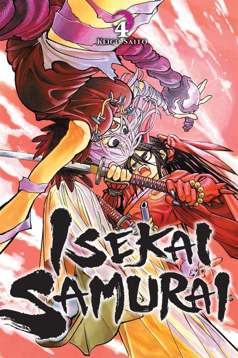 „Samurai in Another World, volume four“. Dynamische Manga-Illustration mit kämpfendem Krieger in rotem Gewand.