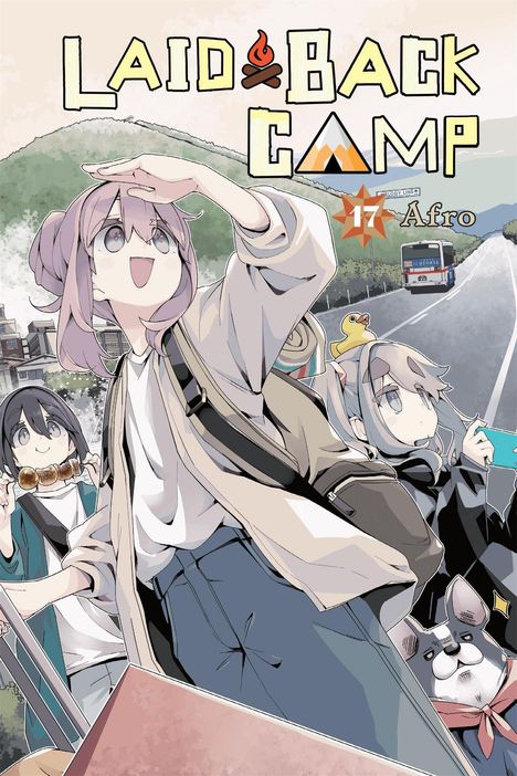 "LAID-BACK CAMP" und "17 Afro" oben, junge Leute fröhlich, eine mit Hand über Augen, Berg und Bus im Hintergrund.