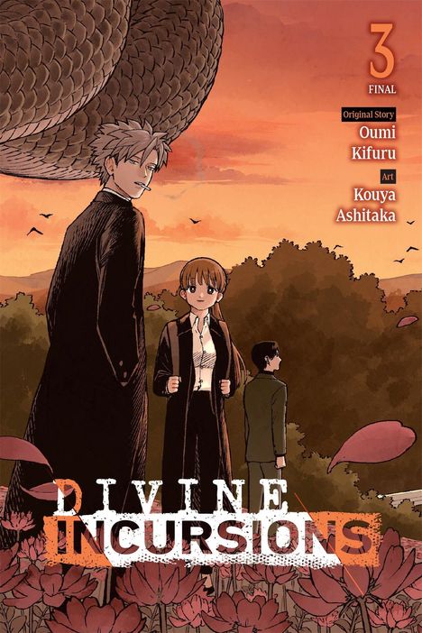 "Divine Incursions 3 FINAL. Original Story: Oumi Kifuru. Art: Kouya Ashitaka." Drei Figuren vor einem Abendhimmel und Schlangen.