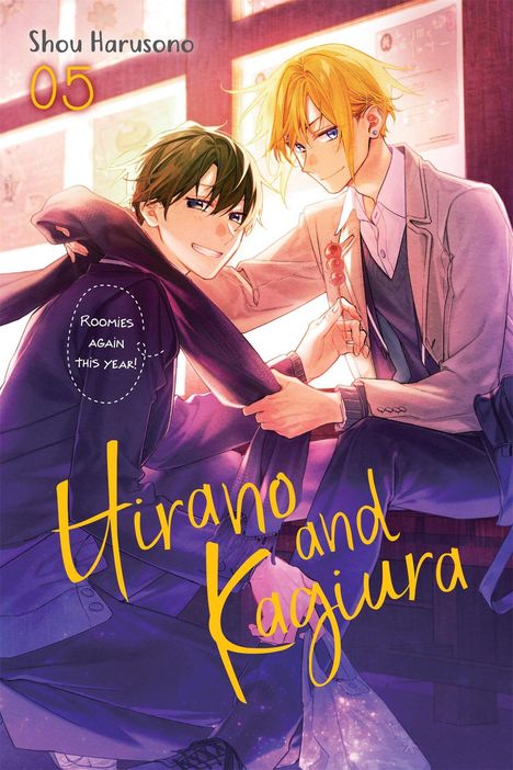 Cover eines Manga mit den Titeln „Hirano and Kagiura“, „Roomies again this year!“. Zwei junge Männer in freundschaftlicher Pose.