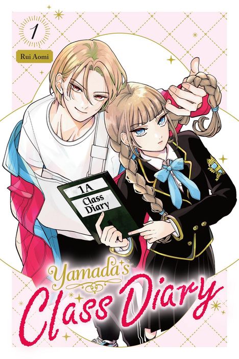 "Yamada's Class Diary", "1A Class Diary". Zwei Manga-Charaktere mit Zöpfen in Schuluniform, der Junge hält ein Heft.