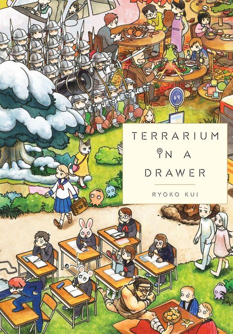 Text: "COVER NOT FINAL" und "TERRARIUM IN DRAWER RYOKO KUI". Illustration mit Menschen, Tieren, Tischen und einem Baum.