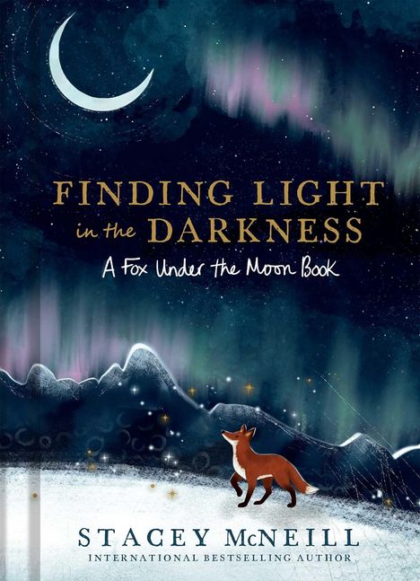 "Finding Light in the Darkness, A Fox Under the Moon Book" zeigt einen Fuchs unter Nordlichtern.