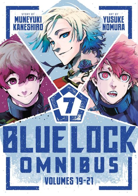 "Story by Muneyuki Kaneshiro, Art by Yusuke Nomura, Blue Lock Omnibus Volumes 19-21." Illustration mit drei Figuren.