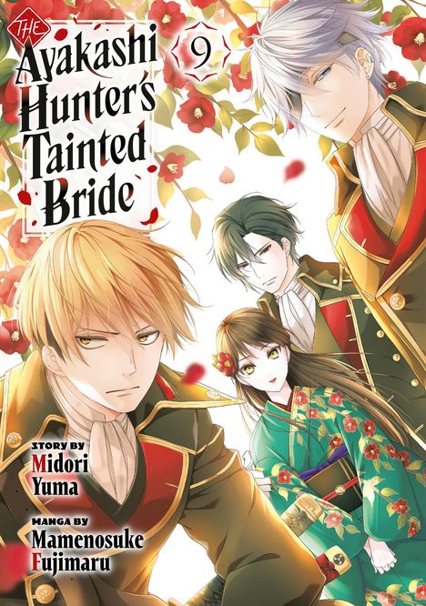 Titel: "The Ayakashi Hunter's Tainted Bride 9". Vier Anime-Figuren, eine Frau in Kimono, umgeben von Blumen.