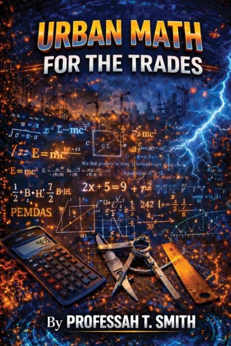 "URBAN MATH FOR THE TRADES" und "By PROFESSAH T. SMITH" über einer belebten Collage aus mathematischen Formeln.