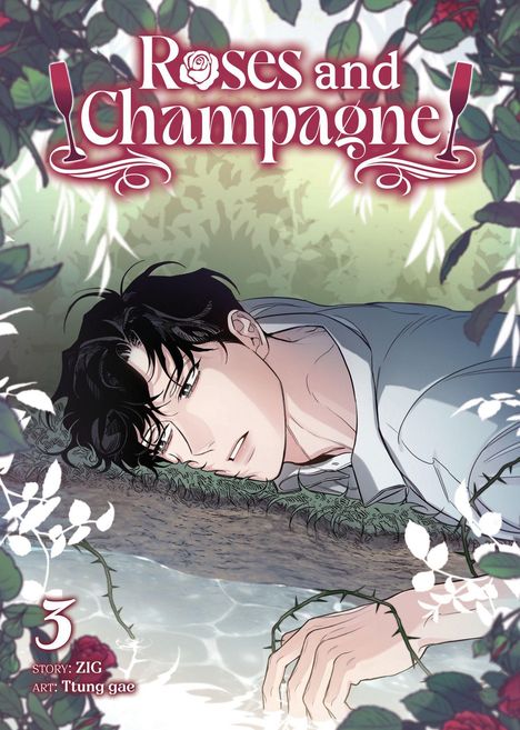 Titel: "Roses and Champagne". Ein Mann liegt am Wasser, umgeben von Blättern und Rosen.