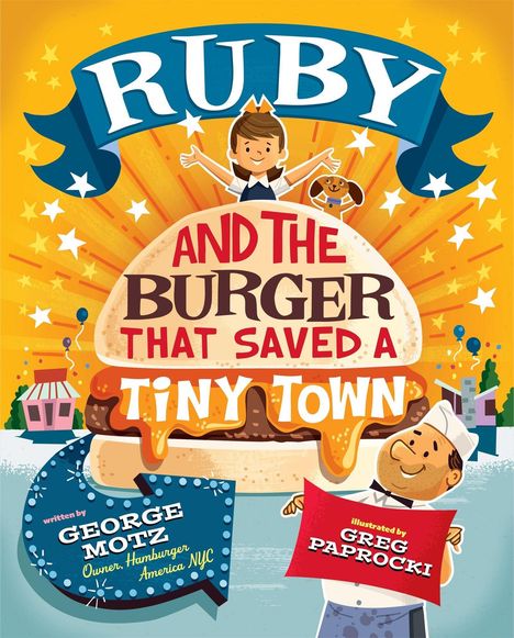 Ein Buchcover mit "Ruby and the Burger That Saved a Tiny Town". Ein Mädchen mit Hund vor einem riesigen Burger.