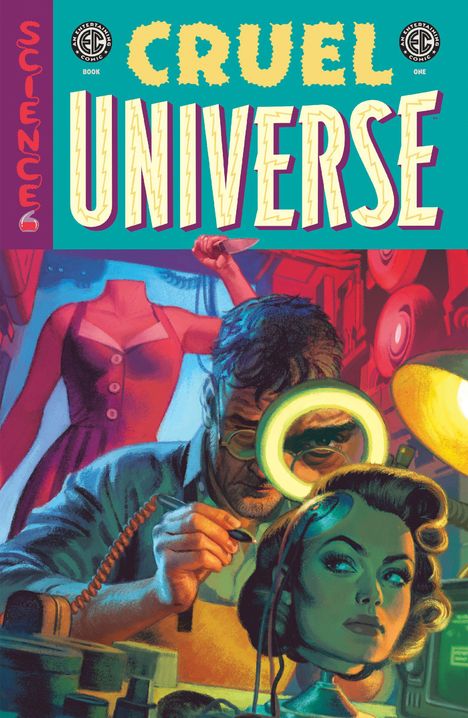 Text: "CRUEL UNIVERSE, SCIENCE, BOOK ONE" oben mit stilisierten Buchstaben. Illustration: Wissenschaftler repariert Android-Kopf.