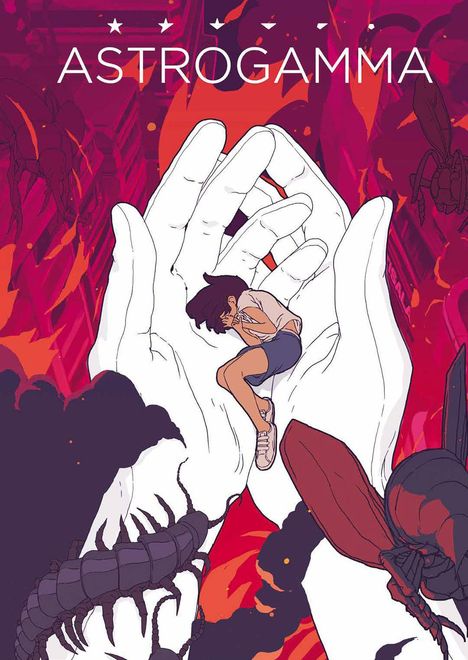 "A̲S̲T̲R̲O̲G̲A̲M̲M̲A̲". Illustration: Riesige Hände halten eine schlafende Person. Umgeben von violetten Formen.