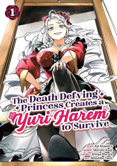 „The Death Defying Princess Creates a Yuri Harem to Survive“. Eine Frau in einem prächtigen Kleid schaut selbstbewusst.