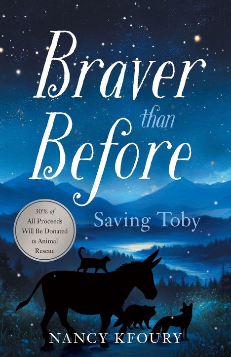 "Braver than Before - Saving Toby", 30% Erlös für Tierschutz. Schatten von Tieren vor Nachthimmel mit Sternen.