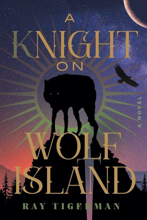 "A Knight on Wolf Island"; Ray Tigerman. Silhouette eines Wolfes, darüber ein strahlender Himmel und ein fliegender Vogel.