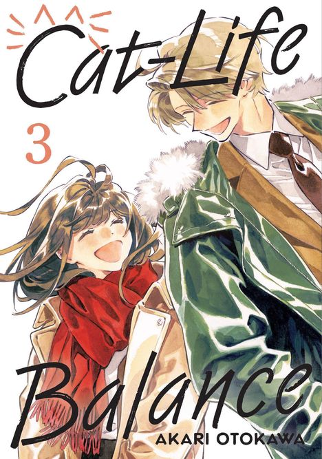 "Cat-Life 3 Balance AKARI OTOKAWA." Zwei lachende Personen in Winterkleidung, eine mit grünem Mantel, die andere mit rotem Schal.