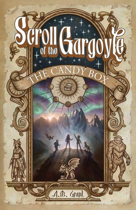 „Scroll of the Gargoyle: The Candy Box“ von A.B. Grant. Fantasievolle Illustration einer Berglandschaft mit Figuren.