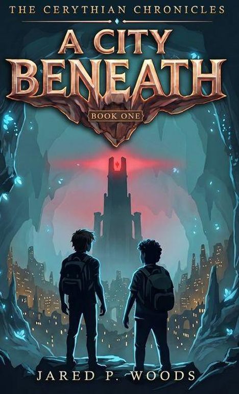 Text: "The Cerythian Chronicles", "A City Beneath", "Book One", "Jared P. Woods". Zwei Figuren stehen vor einer geheimnisvollen Stadt.
