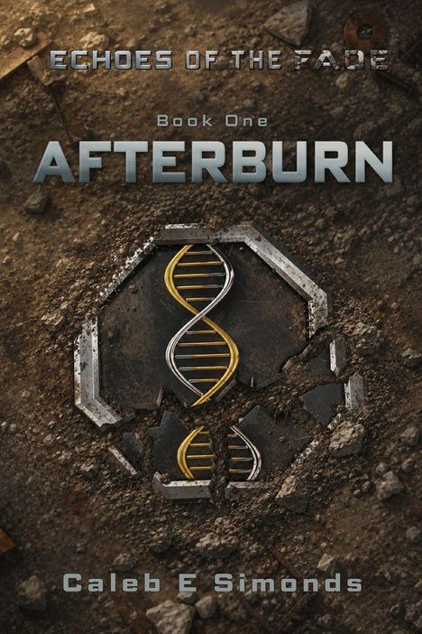 "Echoes of the Fade: Book One: Afterburn" von Caleb E Simonds. Eine DNA-Spirale auf rauem, erdigem Hintergrund.