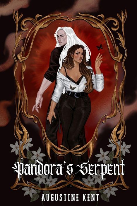 „Pandora's Serpent“ und „Augustine Kent“ steht unten. Zwei Figuren, eine Frau und ein Mann, mit Schmetterling, in ornamentalem Rahmen.