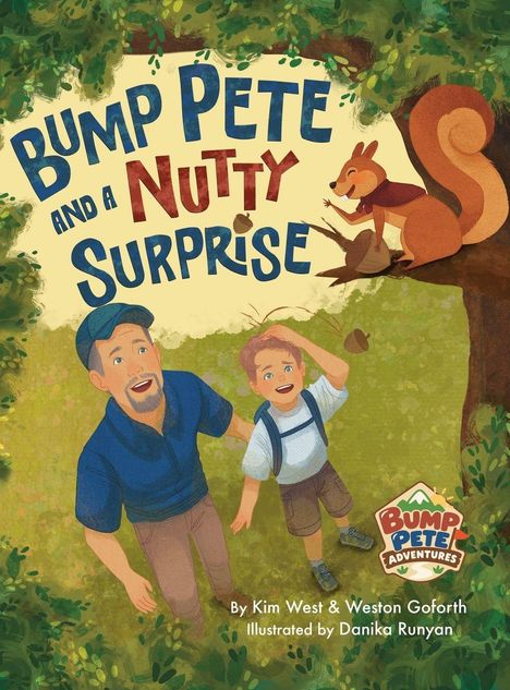 Titel: "BUMP PETE AND A NUTTY SURPRISE". Ein Mann und Junge schauen zu einem Eichhörnchen im Baum auf.