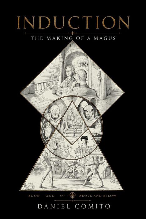 „Induction: The Making of a Magus“ Buch-Coverillustration mit mittelalterlichen Szenen und mystischen Symbolen.