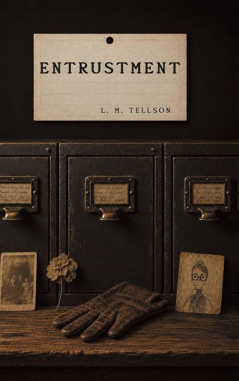 "ENTRUSTMENT" und "L. M. TELLSON" auf einer Karte über alten Schubladen. Darunter eine Blume, Handschuh und zwei Fotos.