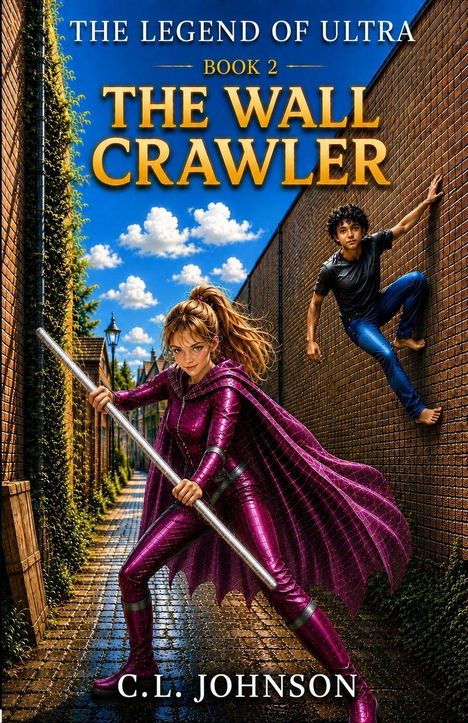 "The Legend of Ultra: Book 2, The Wall Crawler, C.L. Johnson." Zwei Jugendliche in einer Gasse, ein Mädchen in Rüstung.
