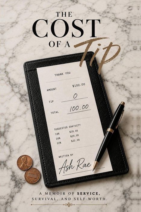 "The Cost of a Tip" steht auf einem Marmorhintergrund, mit einer Rechnung, einem Stift und Münzen darunter.
