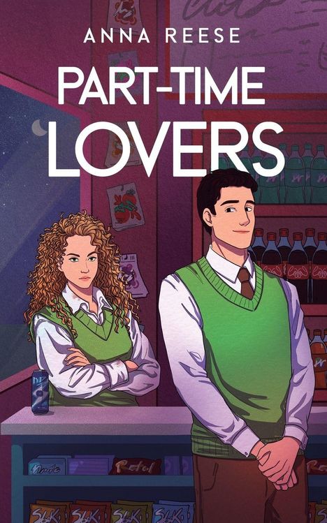 "Anna Reese, Part-Time Lovers". Zwei junge Erwachsene vor einem Regal; sie tragen grüne Pullunder.